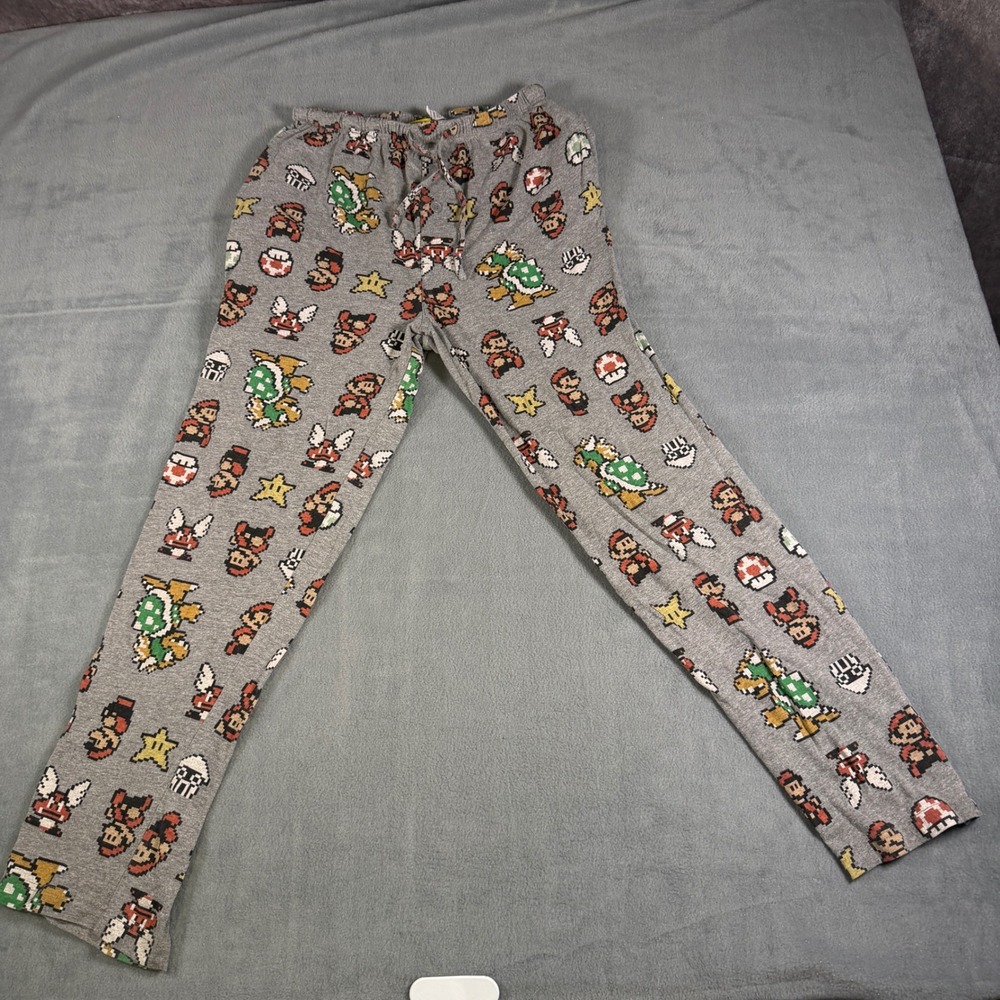 Nintendo Super Mario Bros 3 Pajama Pants Mens Small Grey Pixel Art Lounge Sleep